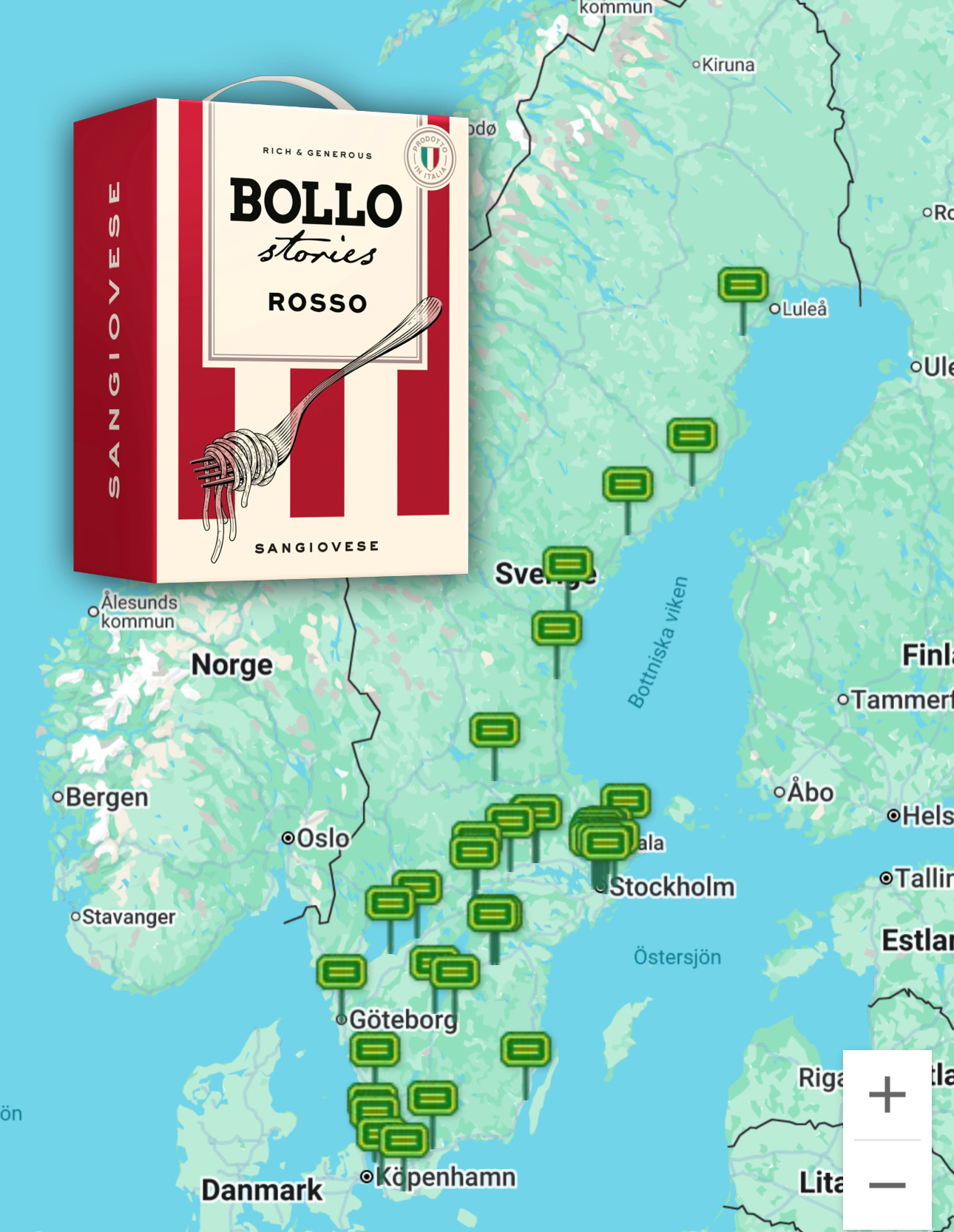 BOLLO Stories Rosso bag-in-box på karta över Sverige
